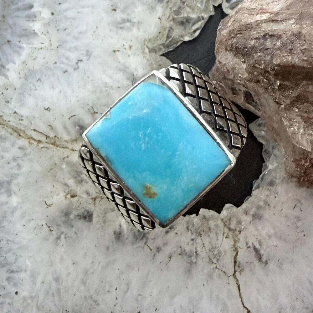 Native American Sterling Rectangle Kingman Turquoise Decorated Ring S 10 For Men